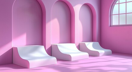 Poster - A set of modern, abstract, geometric platforms featuring 3D white and lavender purple round corner cube pedestals or stands, ideal for a studio room setting to showcase cosmetic products in a