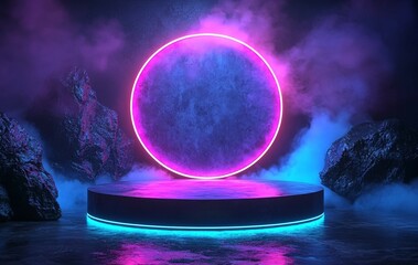 Poster - Modern illustration featuring a green neon podium set against a green fluorescent tube background