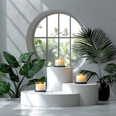 Poster - A 3D white podium stands against a minimalist white wall in a scene that also features a 3D podium with a minimal abstract background, a pastel color abstract room design, and modern elements