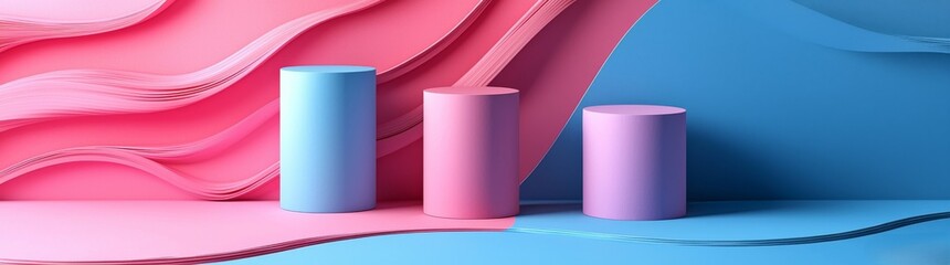 Poster - A collection of 3D backgrounds featuring a cylindrical podium on a stepped stand in various colors, including beige, blue, pink, and white, set against the backdrop of empty rooms with modern