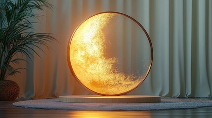 Poster - A beige podium stand pedestal is displayed on a brown background with a circle of transparent glass and leaf shadow lighting in a 3D realistic product setting