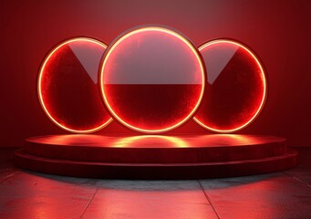Poster - A 3D realistic empty podium stand is set against a minimal wall scene with a circle of transparent glass and a blue background