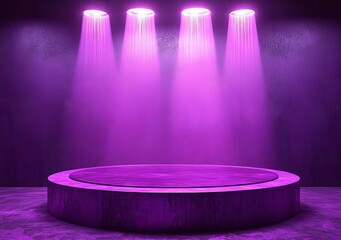 Poster - A dark blue background features a 3D realistic empty podium with neon colors in a technology style
