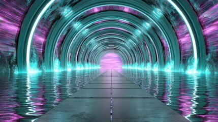 Poster - Futuristic tunnel perspective with water reflection and neon lights, sci-fi architecture, digital art, modern design, turquoise and magenta