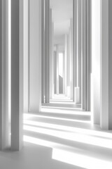 Poster - Abstract White Hallway with Light and Shadow Perspective View Minimalist Architecture Interior Design Modern Building Corridor Columns