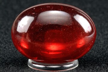Poster - Macro shot of a shiny red marble on a black surface with light reflecting off the glass ball studio shot