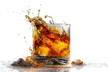 Poster - Whiskey splash in glass with ice cubes on white background studio shot high angle view drink