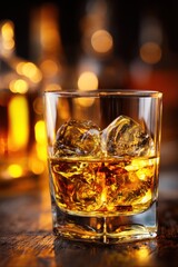 Poster - Whiskey glass with ice cubes close up on wooden table in bar with blurred background bokeh lights
