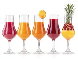 Poster - Assorted fruit juices in elegant glasses on white background studio shot healthy vibrant drink concept