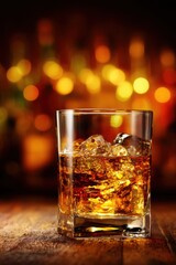 Poster - Whiskey on the rocks in a glass on a wooden table in a bar with bokeh background close up shot of a drink