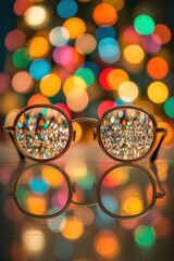 Poster - Festive Holiday Lights Seen Through Gold Framed Glasses Close Up Still Life Abstract Bokeh Background