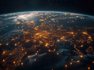 Poster - Earth from Space View of Europe and Asia at Night with City Lights and Network Connections Digital Art