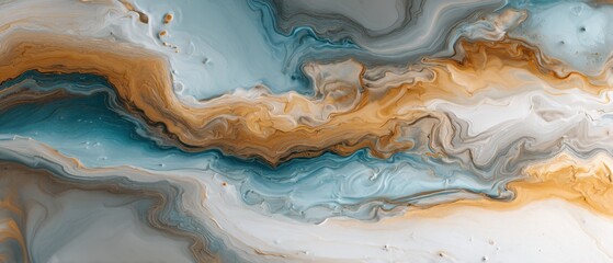 Poster - Abstract Fluid Art Background with Blue Gold and White Colors Swirling in a Marbled Pattern Top View