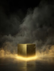 Leinwandbilder - Golden cube standing out in a smoky environment, studio shot, product display, abstract concept, mysterious atmosphere