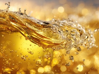 Poster - Beer wave splash closeup golden liquid refreshment in motion macro shot of bubbles and droplets for summer drink concept