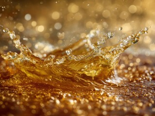 Poster - Golden liquid splash closeup with bokeh background studio shot beverage movement dynamic refreshment