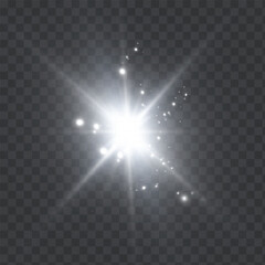 Poster - White explosion of bright lens light and glowing dust particles on transparent background. For magical visual effects, backlight overlays in design projects.