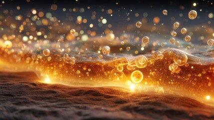 Poster - Abstract golden liquid with bubbles and bokeh lights, macro shot, fantasy atmosphere, warm color palette, glowing effect