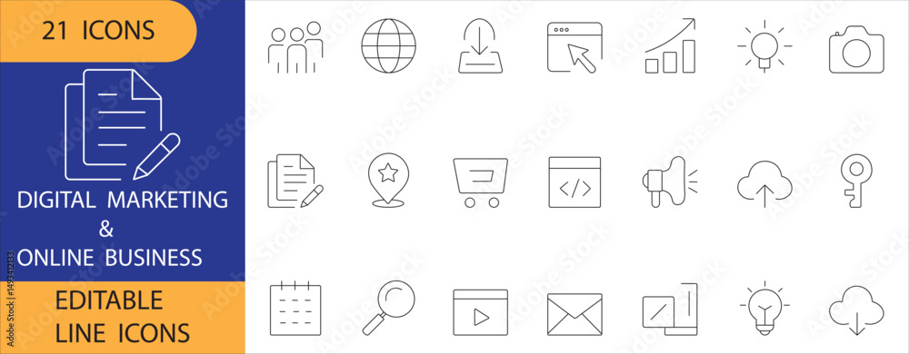 Digital marketing and online business icon set with 21 editable line ...