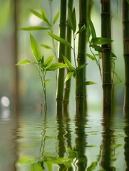 Poster - Serene bamboo stalks reflecting in calm water, close-up shot, tranquil scene, zen garden concept, peaceful nature photography