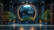 © HENNYSURYA - Modern, futuristic lobby with a large globe, lush plants