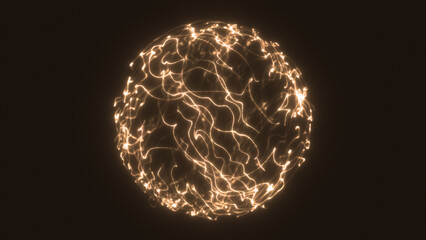 Poster - bright golden glowing sphere formed by intricate energy waves on a dark background