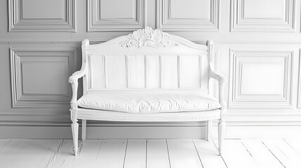 Poster - Ornate White Bench with Carved Details Against Paneled Wall in B