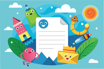 Poster - Colorful vector illustration featuring playful characters around a letter-shaped document in a cheerful setting with various shapes and bright colors