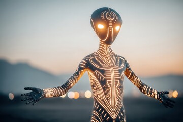Fototapete - Futuristic alien figure with glowing patterns standing against a sunset sky, embodying advanced technology and otherworldly presence in a serene outdoor setting.