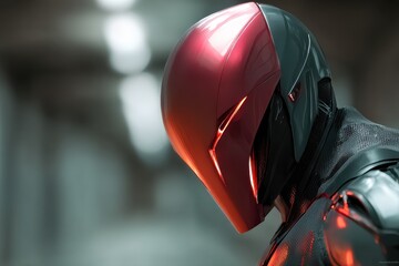 Poster - A futuristic cyborg warrior with a red and gray helmet, illuminated with glowing red lights, embodying the essence of advanced technology and science fiction aesthetics.