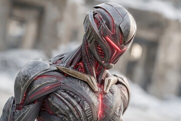 Poster - A menacing robot with intricate armor and glowing red eyes stands guard against a blurred, neutral backdrop, creating a futuristic and ominous scene.