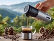 © Olga - Portable espresso maker brewing outdoors in scenic mountain view