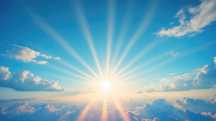 Wall Mural - A stunning panorama displaying a flawless blue sky brightened by gentle sunbeams and light, scattered clouds