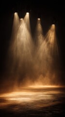 Poster - Stage lights illuminate empty stage with smoke and dust creating atmosphere from low angle