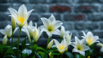 Wall Mural - a zoomed-in shot of a white flower with a yellow core in front of a blurred brick backdrop.
