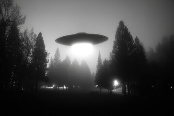 Aufkleber - A monochromatic scene depicting a classic UFO hovering above a dense forest, with bright light emanating from beneath the mysterious aircraft, casting shadows and creating an eerie atmosphere.