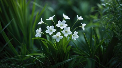 Wall Mural - A collection of soft white flowers springs forth from lush green vegetation, establishing a peaceful garden setting.