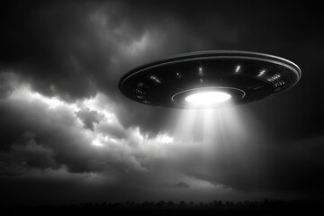 Aufkleber - Dramatic black and white image of a UFO emitting light towards the ground amidst dark, stormy clouds, creating a mysterious and surreal atmosphere, otherworldly theme.