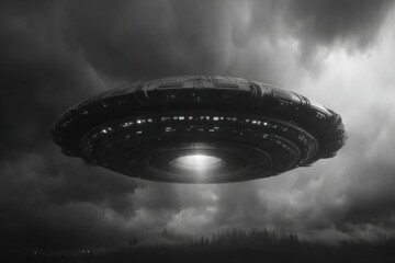 Poster - Monochrome image of a UFO hovering above a dark forest with ominous clouds, creating an atmosphere of mystery and intrigue about extraterrestrial encounters.