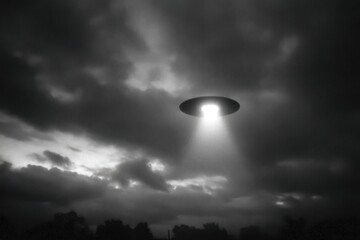 Poster - Monochrome image depicting a UFO hovering in the sky, emitting a bright light beam, contrasting against a cloudy and atmospheric backdrop, suggesting mystery.