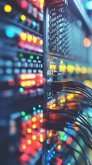 Poster - Data center server rack with cables and blinking lights close up abstract view for technology and business