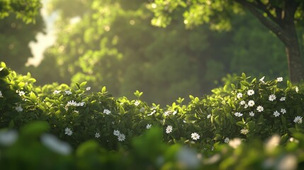 Poster - Bright white daisies bloom among vibrant green leaves, illuminated by soft sunlight, showcasing the delicate beauty of nature in a tranquil outdoor setting