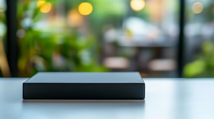 Leinwandbilder - Close-up of a minimalist black box resting on a white surface, illuminated by soft natural light, highlighting its design against a blurred green background