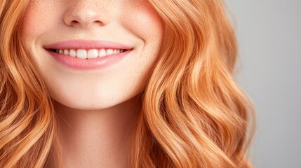 Poster - A red-haired woman smiles, her glossy waves cascading over her shoulders, beautifully lit by soft studio lights that highlight her vibrant color