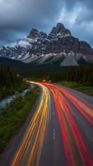 Poster - Highway Traffic Light Trails at Dusk with Snow-Capped Mountains in Alberta Canada Long Exposure Vertical