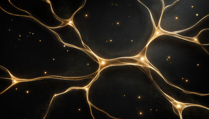 Poster - Neural network connection glowing with golden light and dark background, abstract digital technology concept with bright points