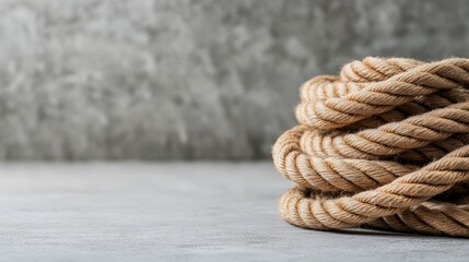 Poster - Thick rope is coiled neatly on a light gray surface, illuminated by soft natural light that accentuates its texture, emphasizing natural materials and durability