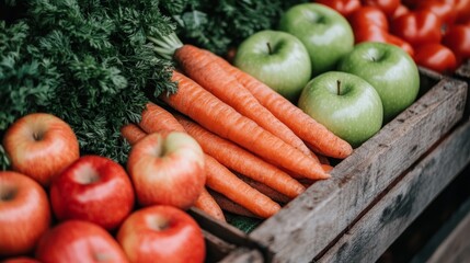 Poster - Close-up view of assorted fresh produce displayed at a farmers market, featuring green apples, carrots, and leafy greens arranged in rustic wooden crates