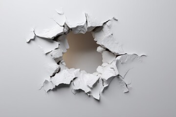 Poster - Dramatic Break Through White Wall Studio Shot Abstract Concept Destruction Damage Hole Impact Texture