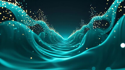 Poster - Turquoise Wave Pattern: Glowing Light Particles in Rhythmic Flow on a Dark Background